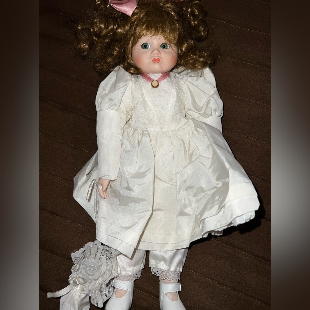Classic White Porcelain Doll with Brown Hair